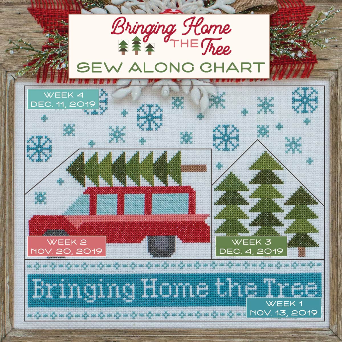 The Bringing Home The Tree Cross Stitch Pattern is separated into four separate sections