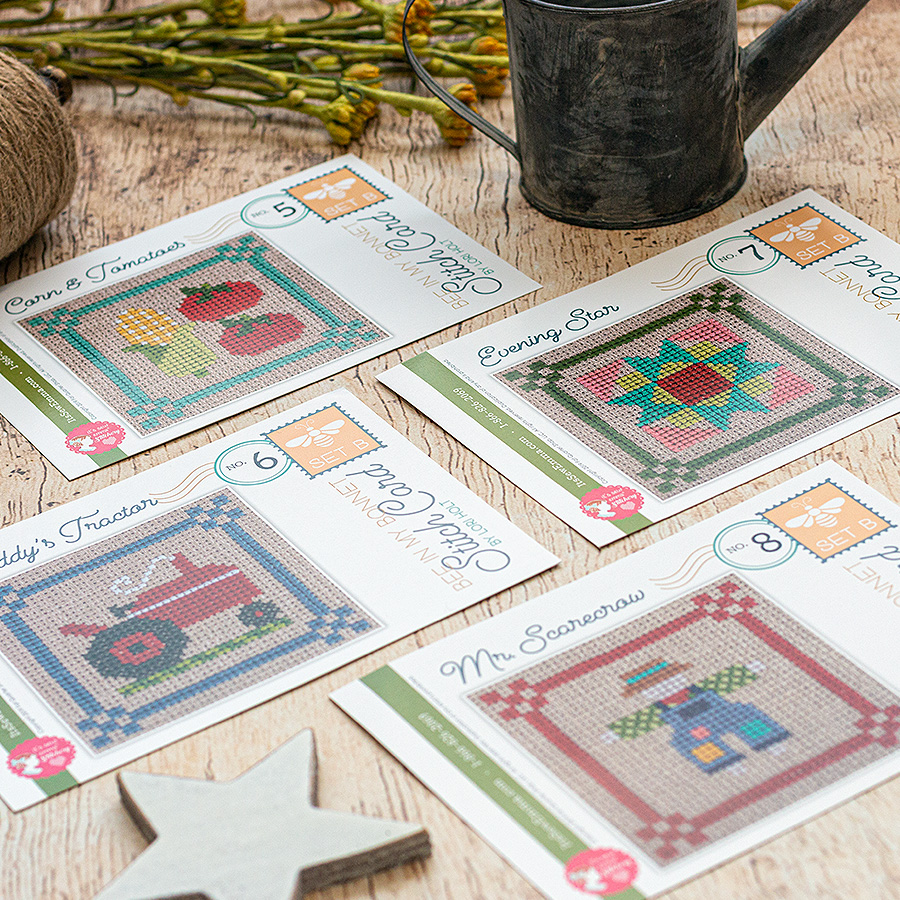 Lori stitched a harvest of corn, tomatoes, and farm motifs with Stitch Card Set B. This