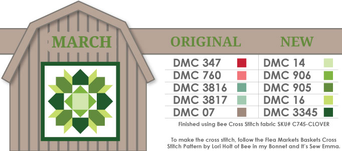 Image of the Flea Market cross stitch pattern in green for march barnsweet barn stitch along
