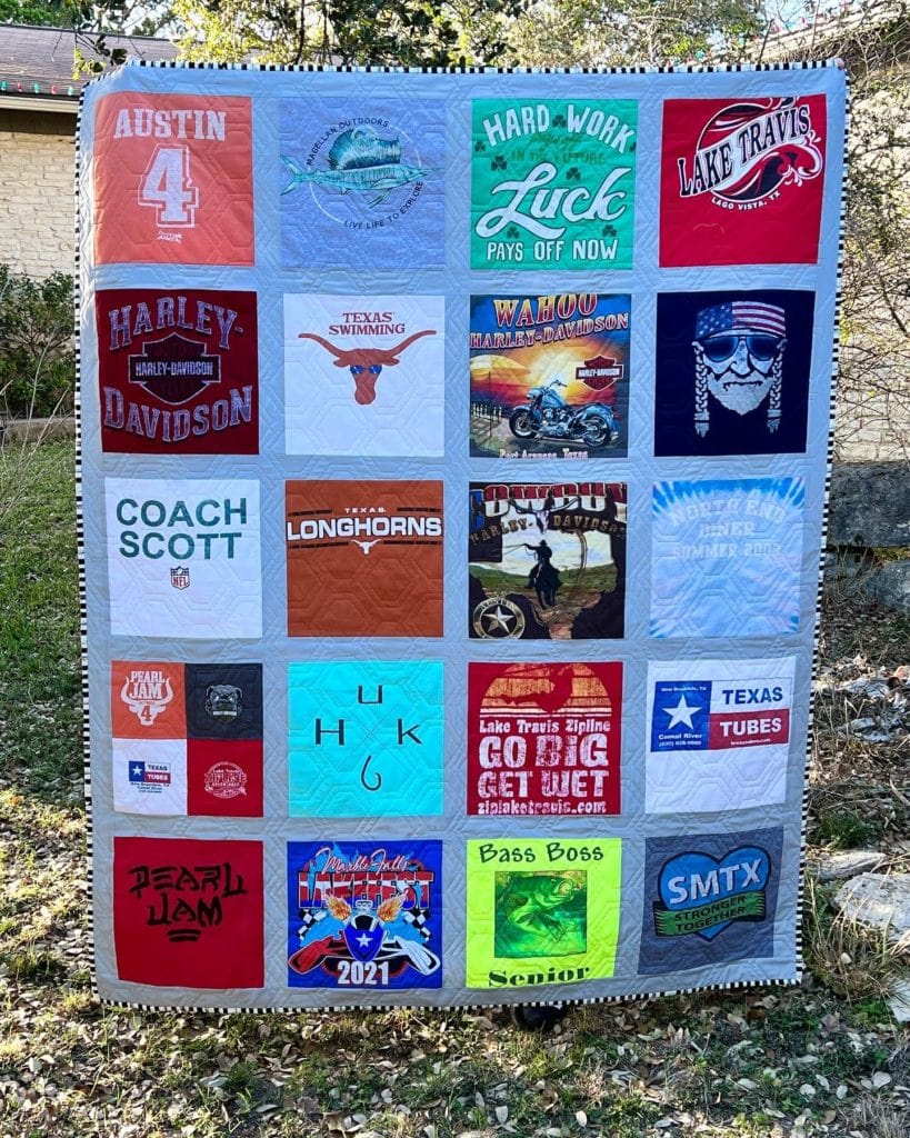 Gina Tell's Full view of the T-shirt quilt she made