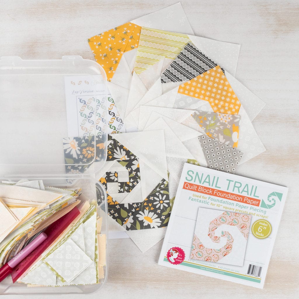 The Snail Trail Paper and Blocks in Buttercup & Slate by Corey Yoder. 