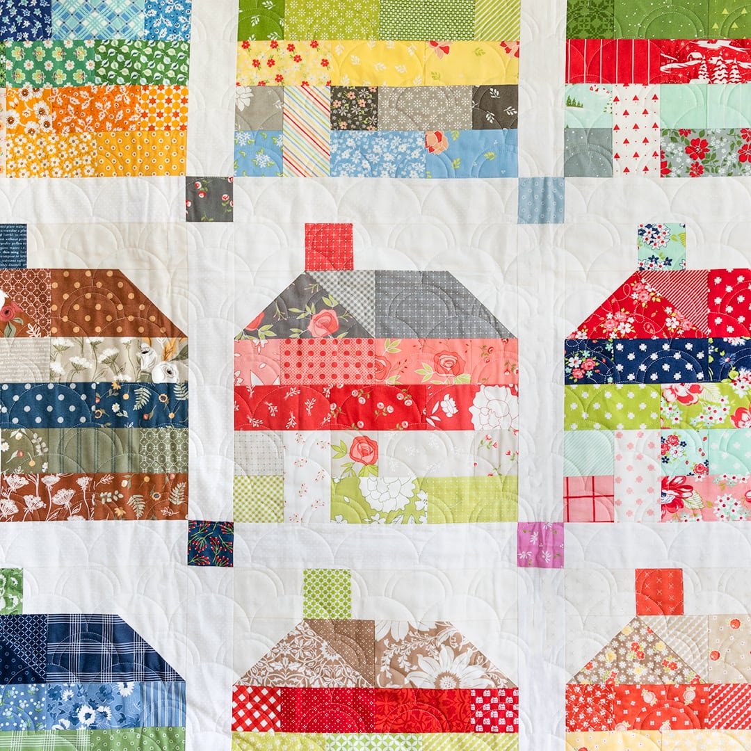A close up of the Brick House Quilt for Scrappy September