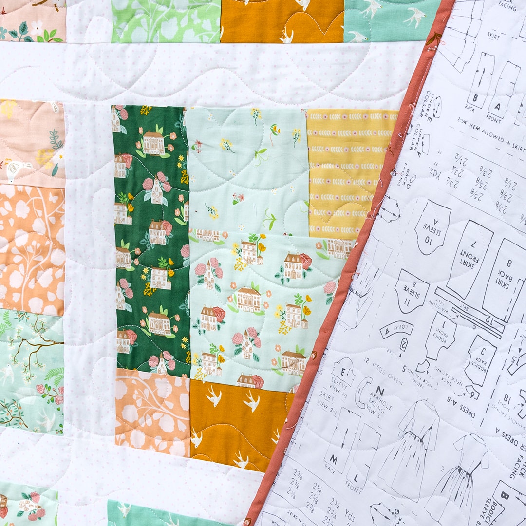Close up of Mosaic quilt made with Emma by Citrus and Mint Designs for Riley Blake Designs featuring Lori Holts 108 wide backing