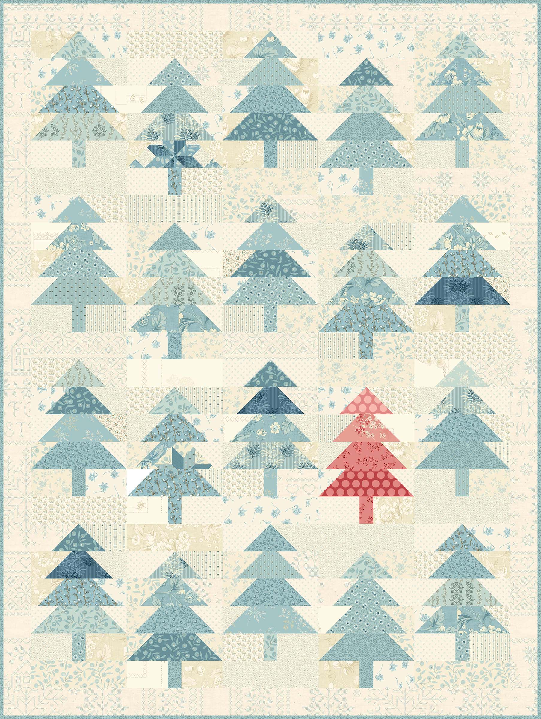 A mockup of the Holiday Forest Quilt Pattern in another colorway using the Bluebird collection
