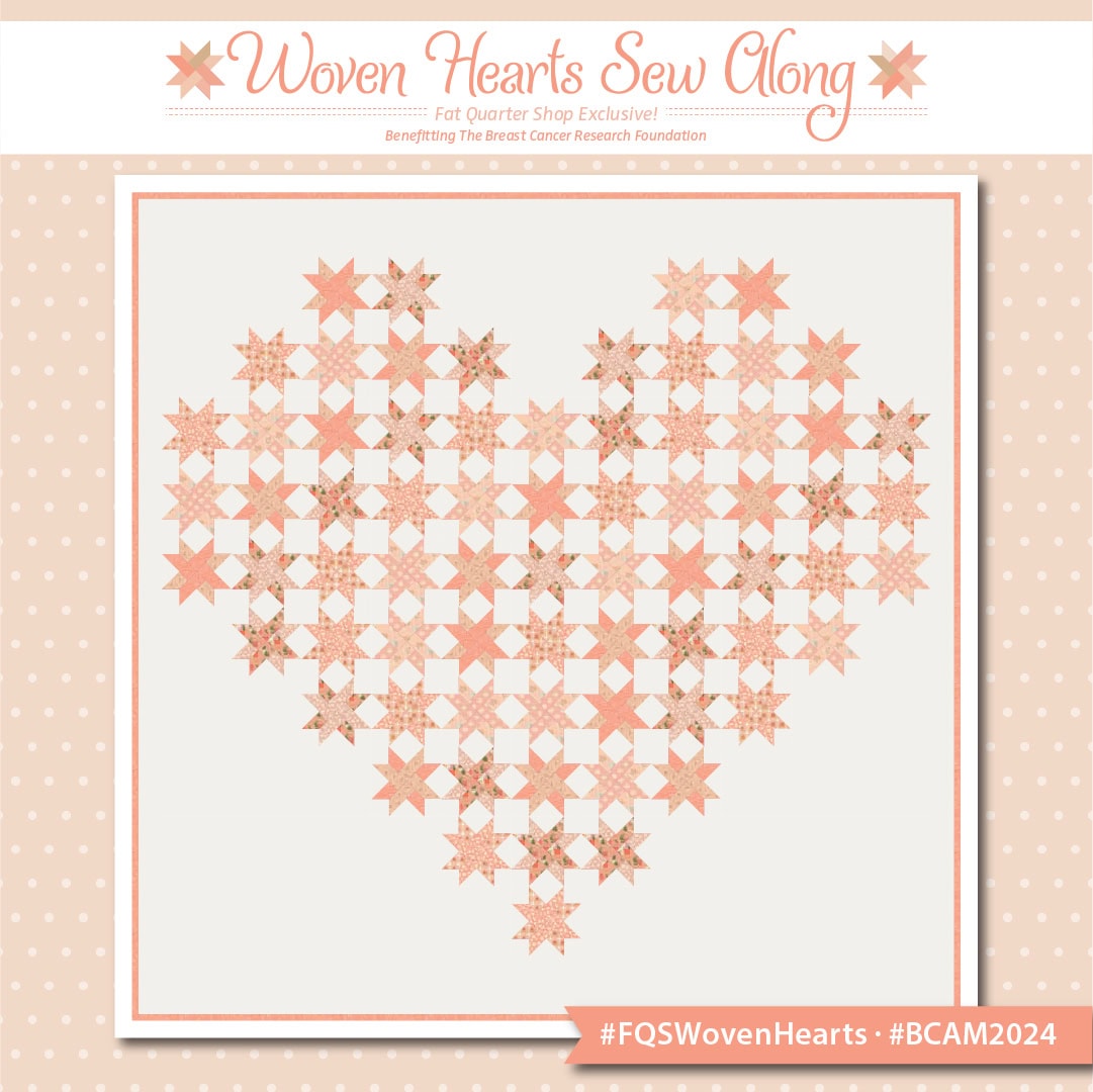 Graphic for the Woven Hearts Sew Along featuring a digital rendering of the finished quilt. A large heart made up of woven star blocks in shades of peach with a white background. 