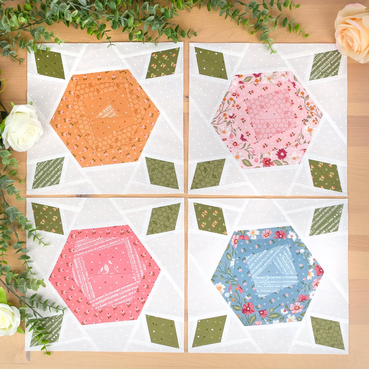 Four of the Paper Roses blocks in Lella Boutique fabrics