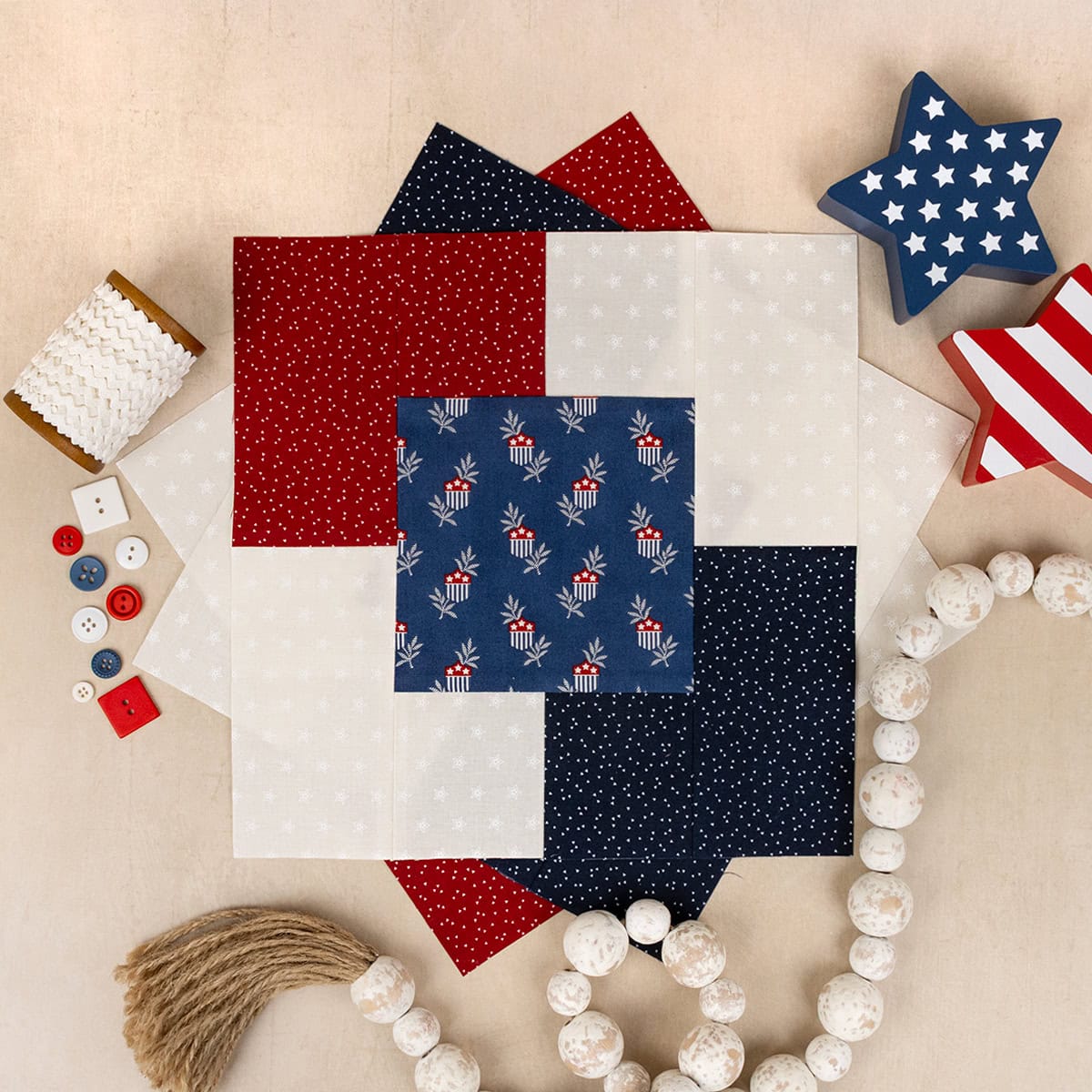 Echoes Blocks for the Quilts of Valor National Sew Day 2026 sewn with fabric from the American Gatherings III collection by Primitive Gatherings, nautical blue center square